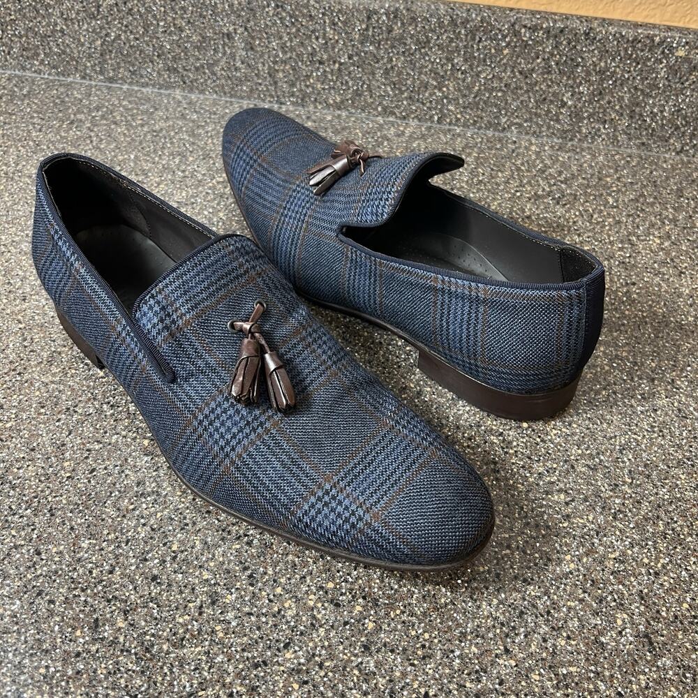Paul Fredrick Leather Tassel Loafer Mens 13M Navy Brown Plaid Tweed Slip On Shoe